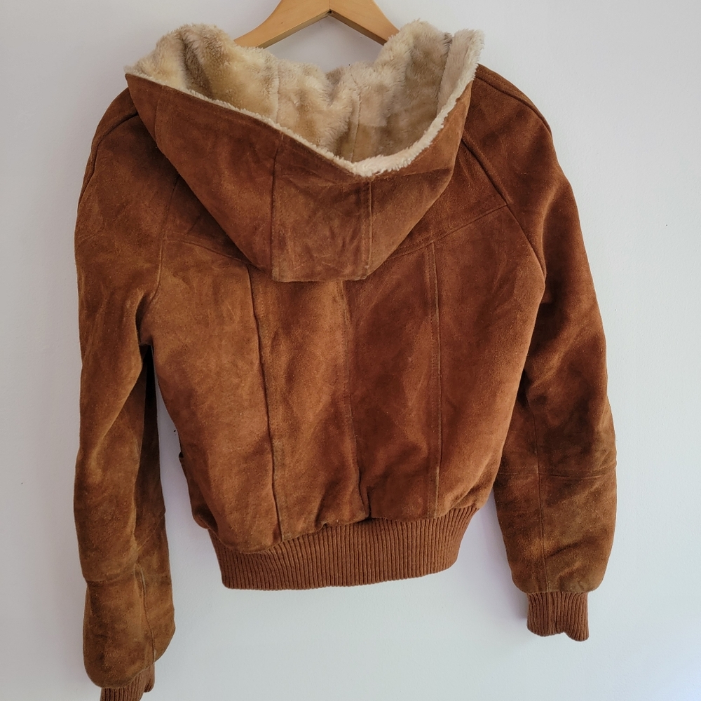 Vintage Shepler's Brown Suede Soft Shearling Lined Bomber Jacket 12* Small  Hood - Picture 11 of 16